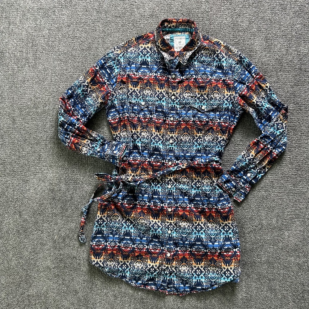 Panhandle Shirt Dress Womens Medium Aztec Western Snap Belted Long Sleeve